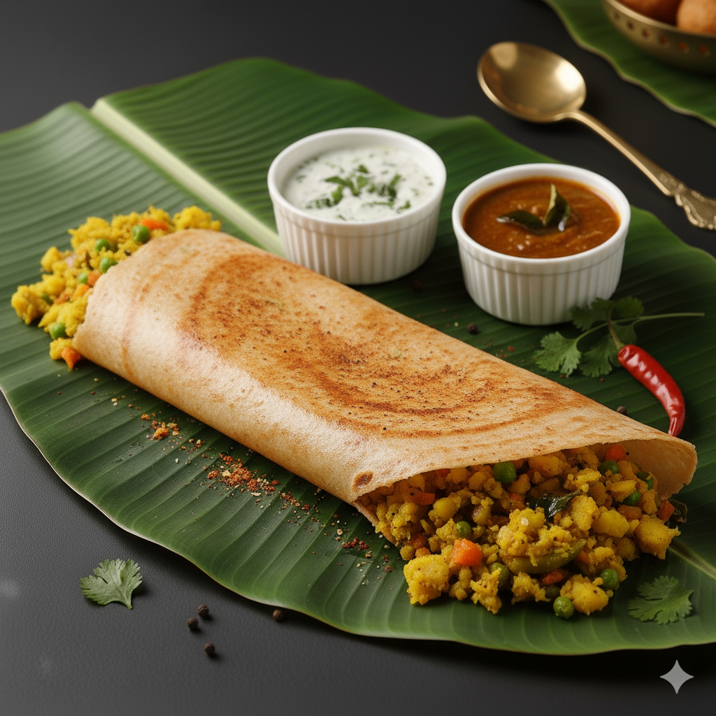 A masala dosa filled with potatoes